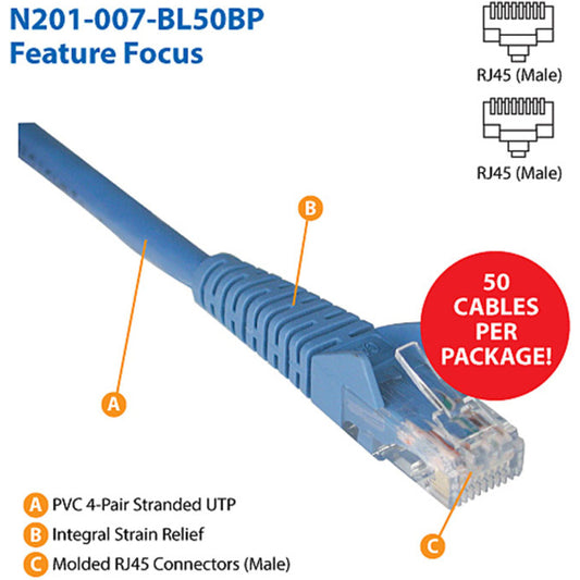 Eaton Tripp Lite Series Cat6 Gigabit Snagless Molded (UTP) Ethernet Cable (RJ45 M/M), PoE, Blue, 7 ft. (2.13 m), 50-Piece Bulk Pack